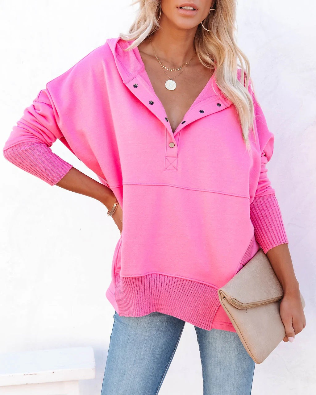 Autumn And Winter New V-Neck Hooded Multi-Color Bat Sleeve Hoodie Loose Thread Stitching Top Woman