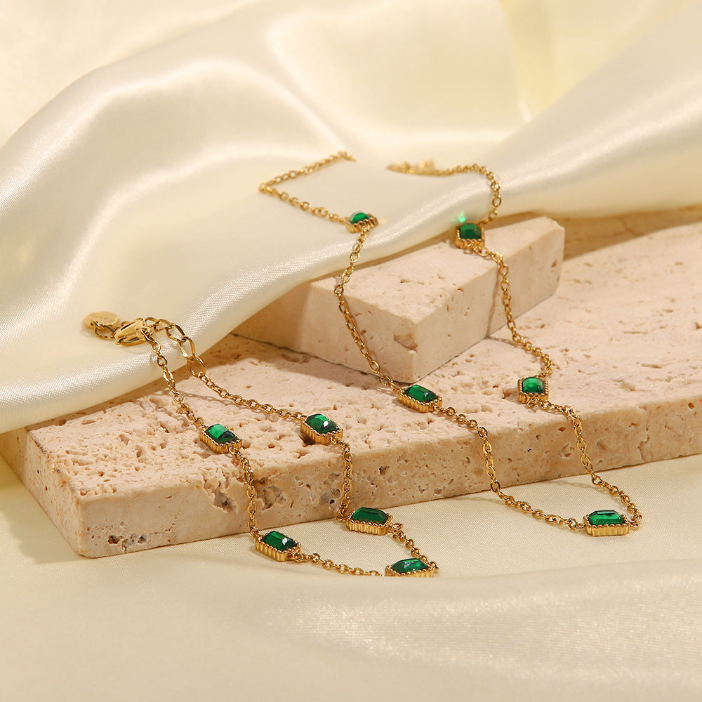 5pcs Style Square Emerald Zircon Necklace Light Luxury Niche High-Grade Titanium Steel Collar Bone Chain Necklace Bracelet