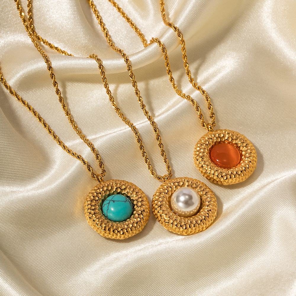 5pcs 18K Gold Stainless Steel Hammer Set Cat's Eye Round Necklace Does Not Fade Titanium Steel Jewelry
