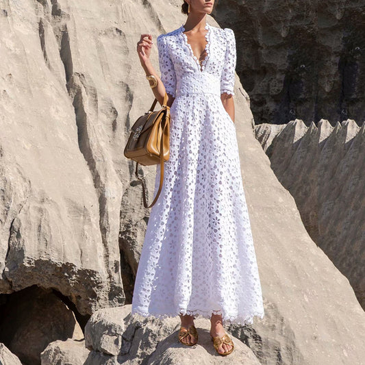 Autumn New V-Neck Waist Hook Flower Hollow Solid Color Swing Dress