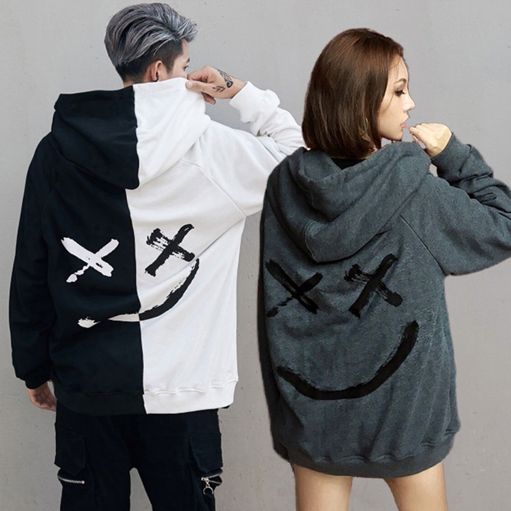 Men's Casual Fashion Color Matching Smiley Hoodie Long Sleeve Sports Hooded Top Men's Wear