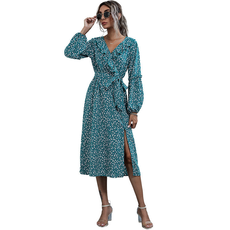 Women's Lotus Collar Long-Sleeved Floral Dress