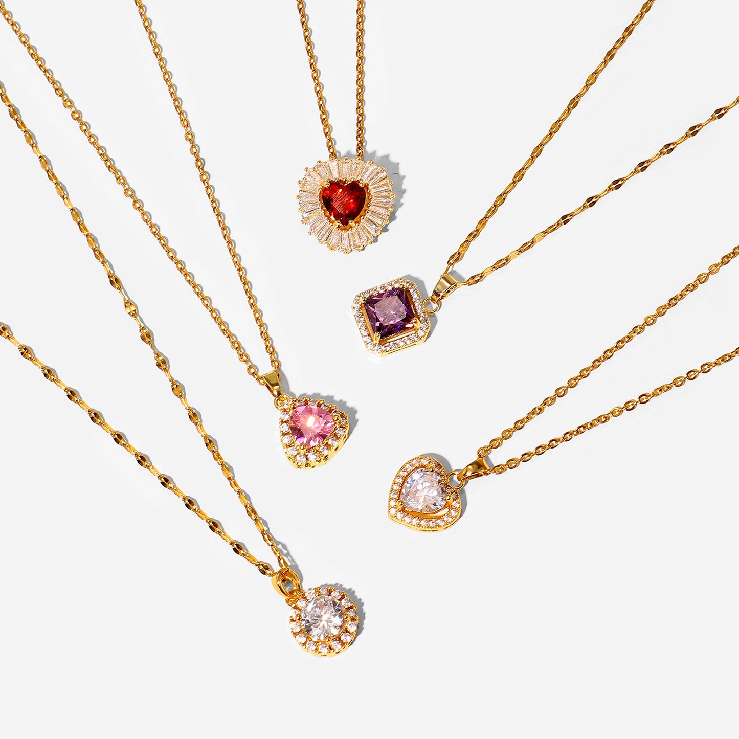 5pcs 18K Stainless Steel Chain White Microinset Zircon Encrusted Purple Square Zircon Pendant Necklace For Ladies