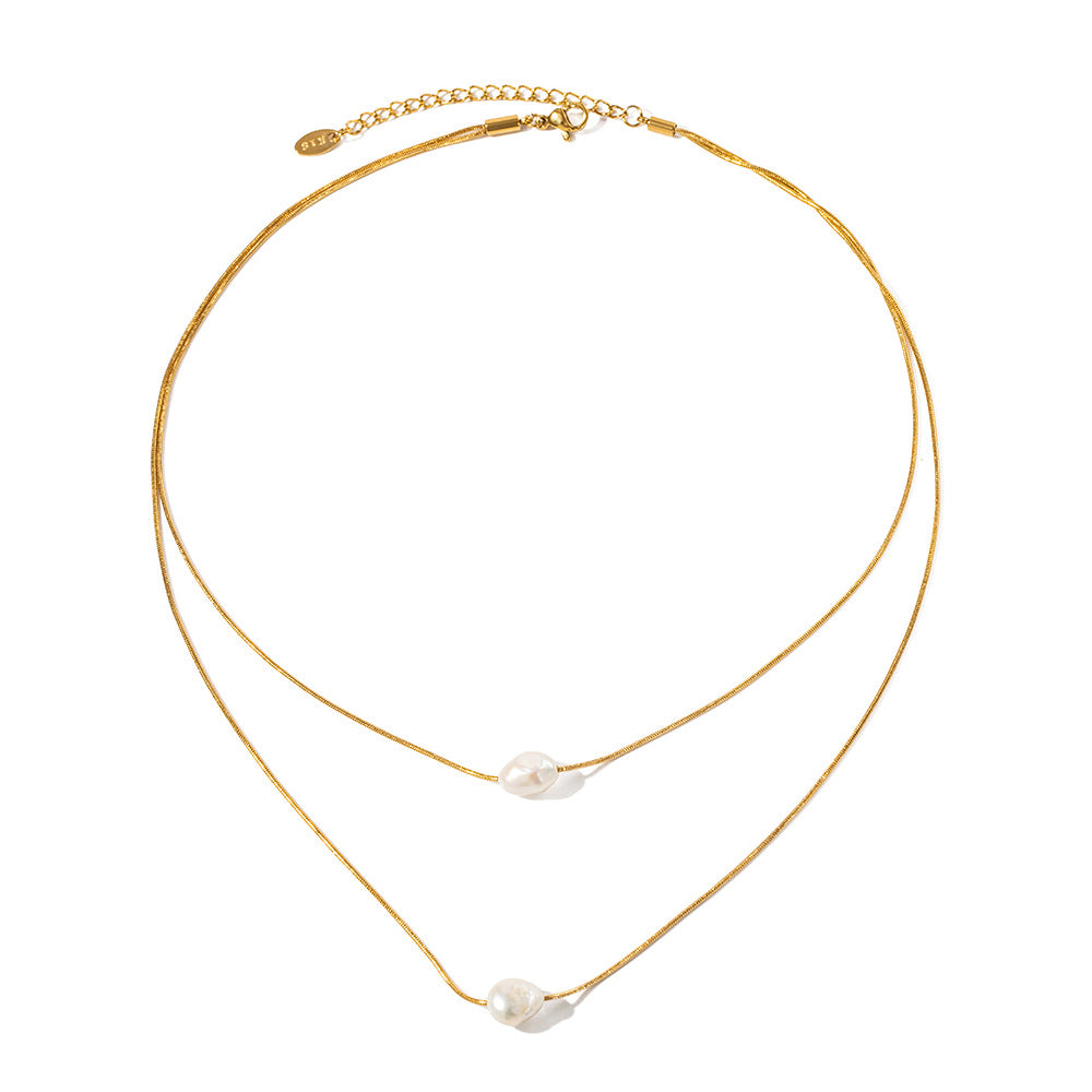 5pcs New Pearl Necklace 18K Gold Stainless Steel Inlaid Light Pearl Double-Layer Non-Fading Necklace