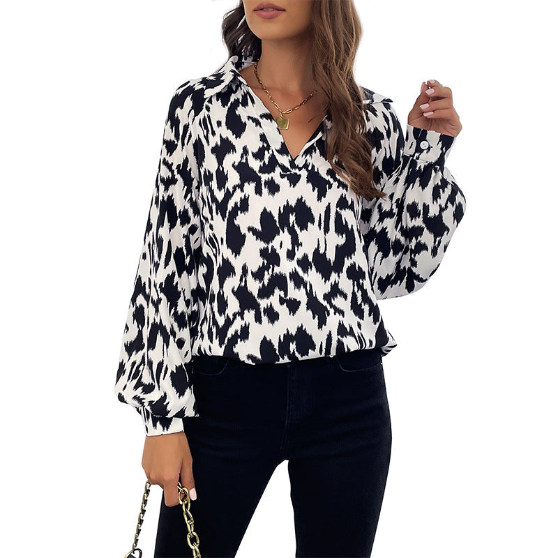 Women's New Lapel Long-Sleeved Leopard Print Shirt Women
