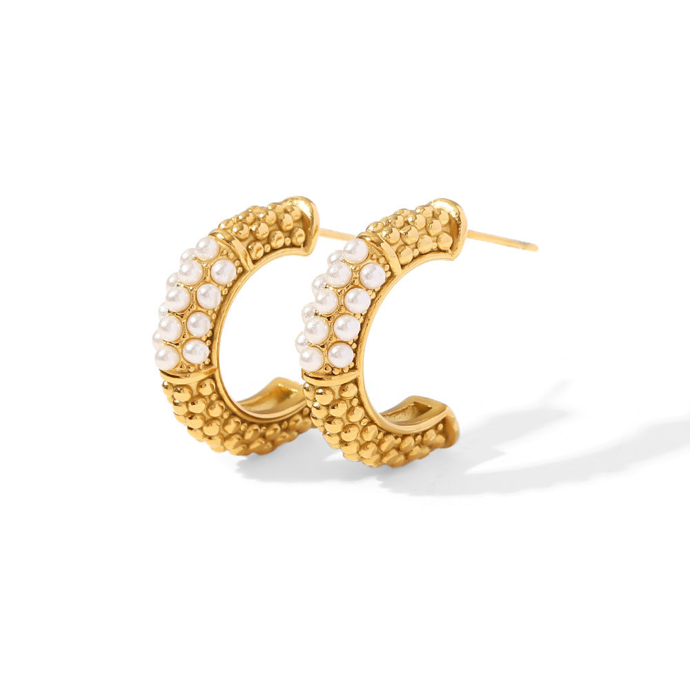 5pcs New Women's Fashion All Match Personality C-Shaped Inlaid Pearl Titanium Steel Earrings Stainless Steel Gold-Plated Earrings