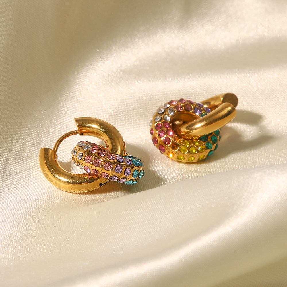 5pcs Jewelry 18K Gold Plated Multicolor Full Diamond Doughnut New Fashion All-In-One Earrings