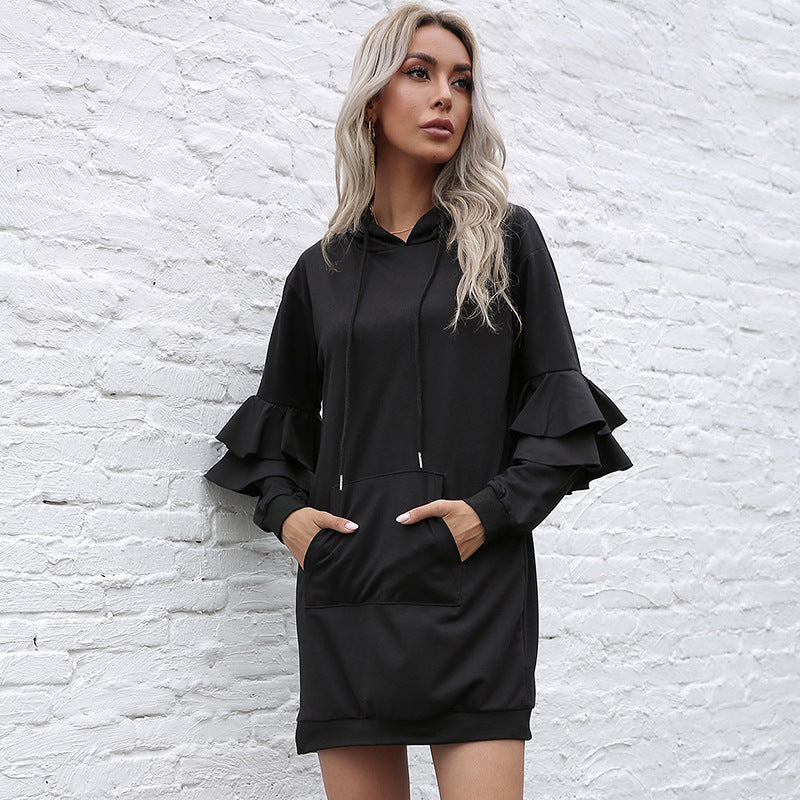 New Long-Sleeved Pullover With Hooded Skirt Women's Dress Flanged Spell Continuous Hoodie Dress