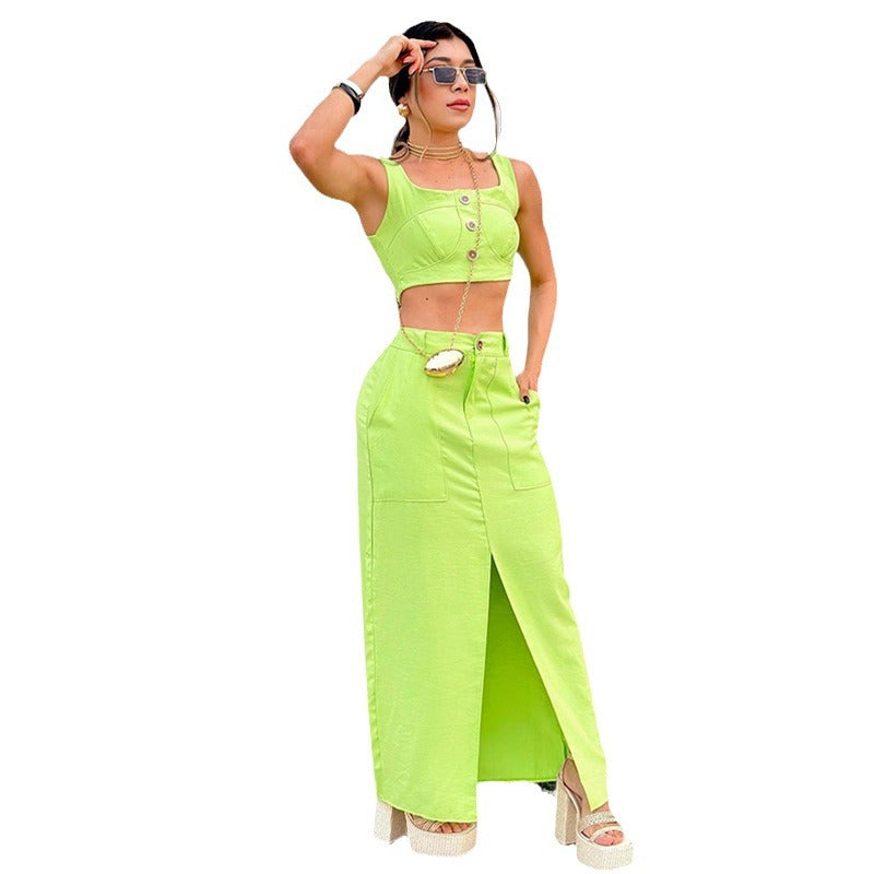 Women's Autumn New Fashion Square Collar Halter Vest High Waist Slit Skirt Suit