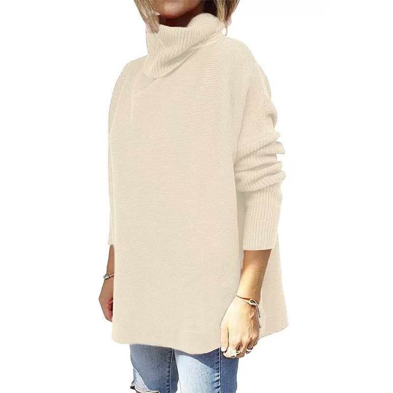 New Women's Turtleneck Oversized Sweater Mid-Length Batwing Sleeve Slit Hem Tunic Jumper