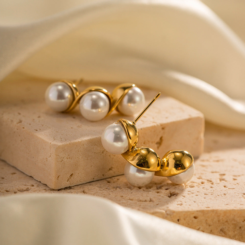 5pcs Accessories 16K Gold Plated 316L Stainless Steel Inlaid Pearl Earrings Temperament Fashion Earrings