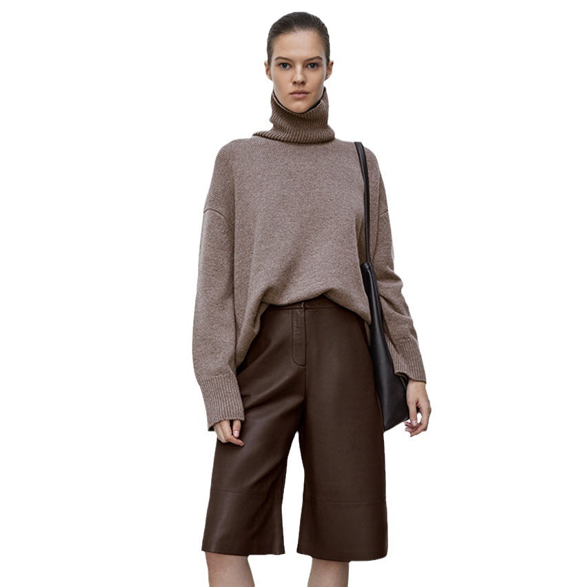 Brown Faux Leather High-Waisted Quarter Pants Retro Commuter Shorts New Fall Fashion