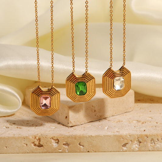 5pcs Emerald Ribbed Pendant Titanium Steel Necklace Women's Cold Retro Palace Temperament All Matching Necklace