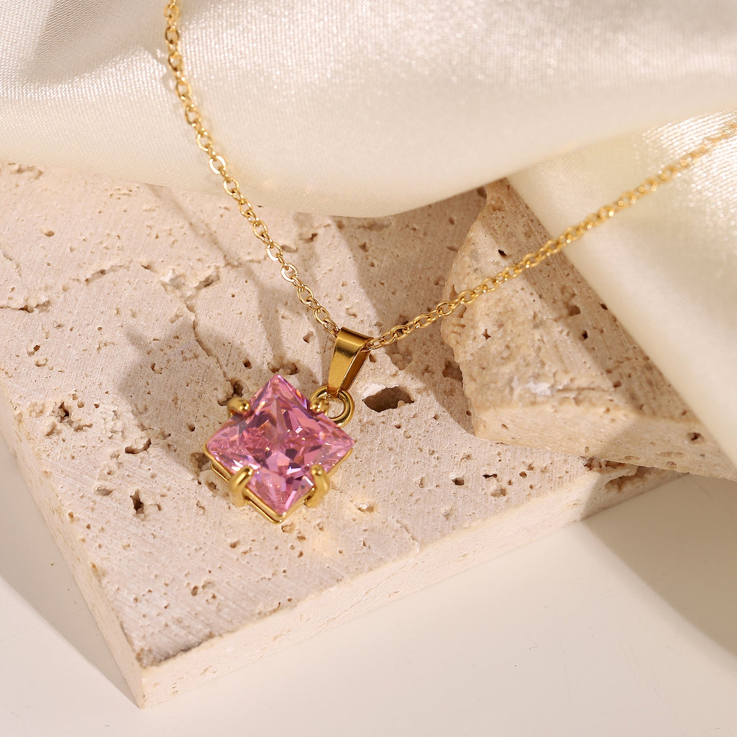 5pcs Necklace 18K Gold Stainless Steel White // Green Square Zircon Pendant Necklace Jewelry Women