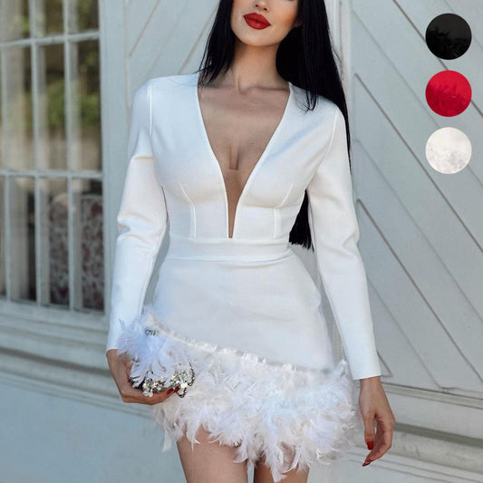 Spring/Summer New Women's Sexy Deep V Bag Buttock Feather Patchwork Party Dress