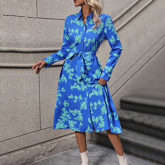 New Autumn Women's Long-Sleeved Lapel Print Dress