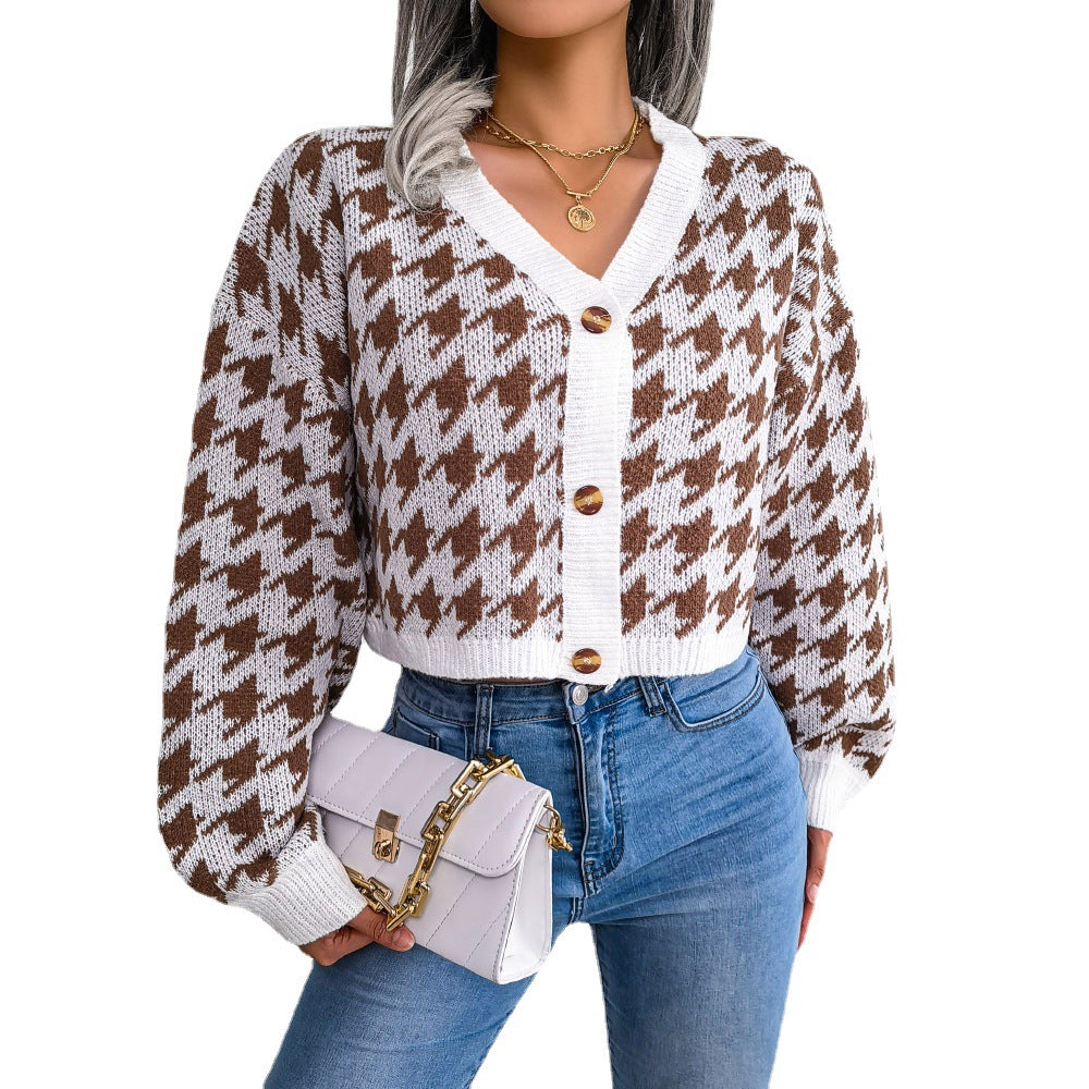 New Autumn And Winter Leisure Lantern Long Sleeve Thousand Bird Check Cardigan Sweater Coat Women's Wear