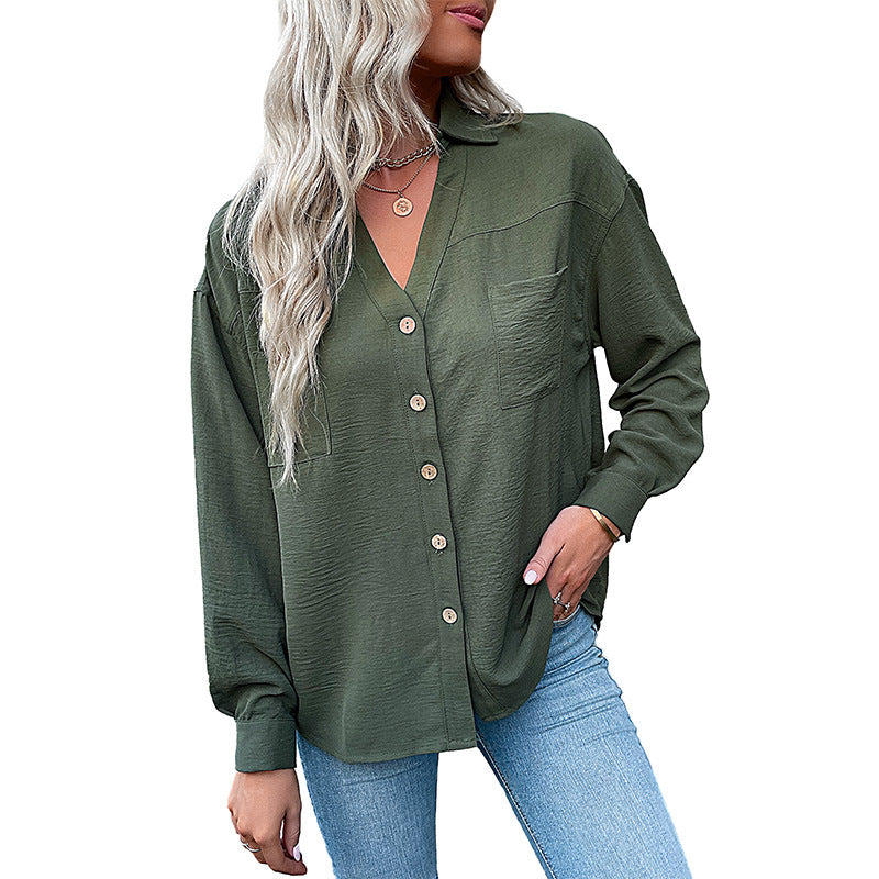 New Autumn New Women's Lapel Solid Color Shirt