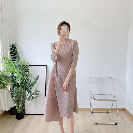 Pleated Dress Summer New Temperament Plus Size Round Neck Irregular Fashion Slimming Dress