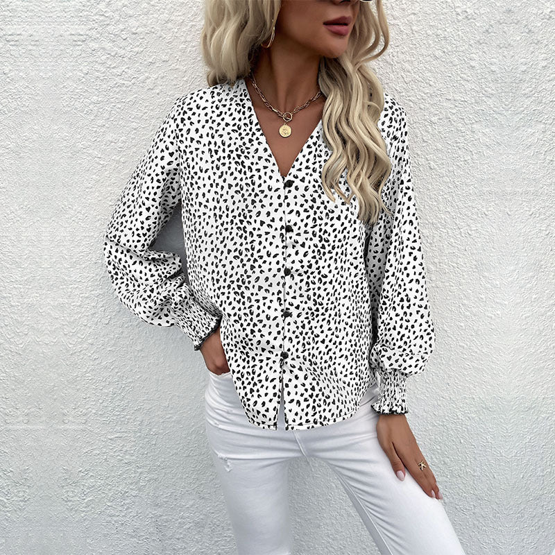 Autumn New Women's Fashion V-Neck Leopard Long-Sleeve Printed Shirt