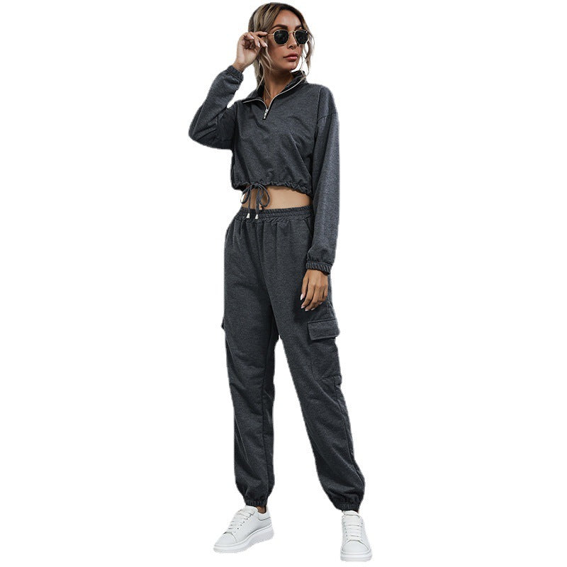 Fashion Trend Women's Two-Piece Solid Color Stand Collar Sports Casual Suit
