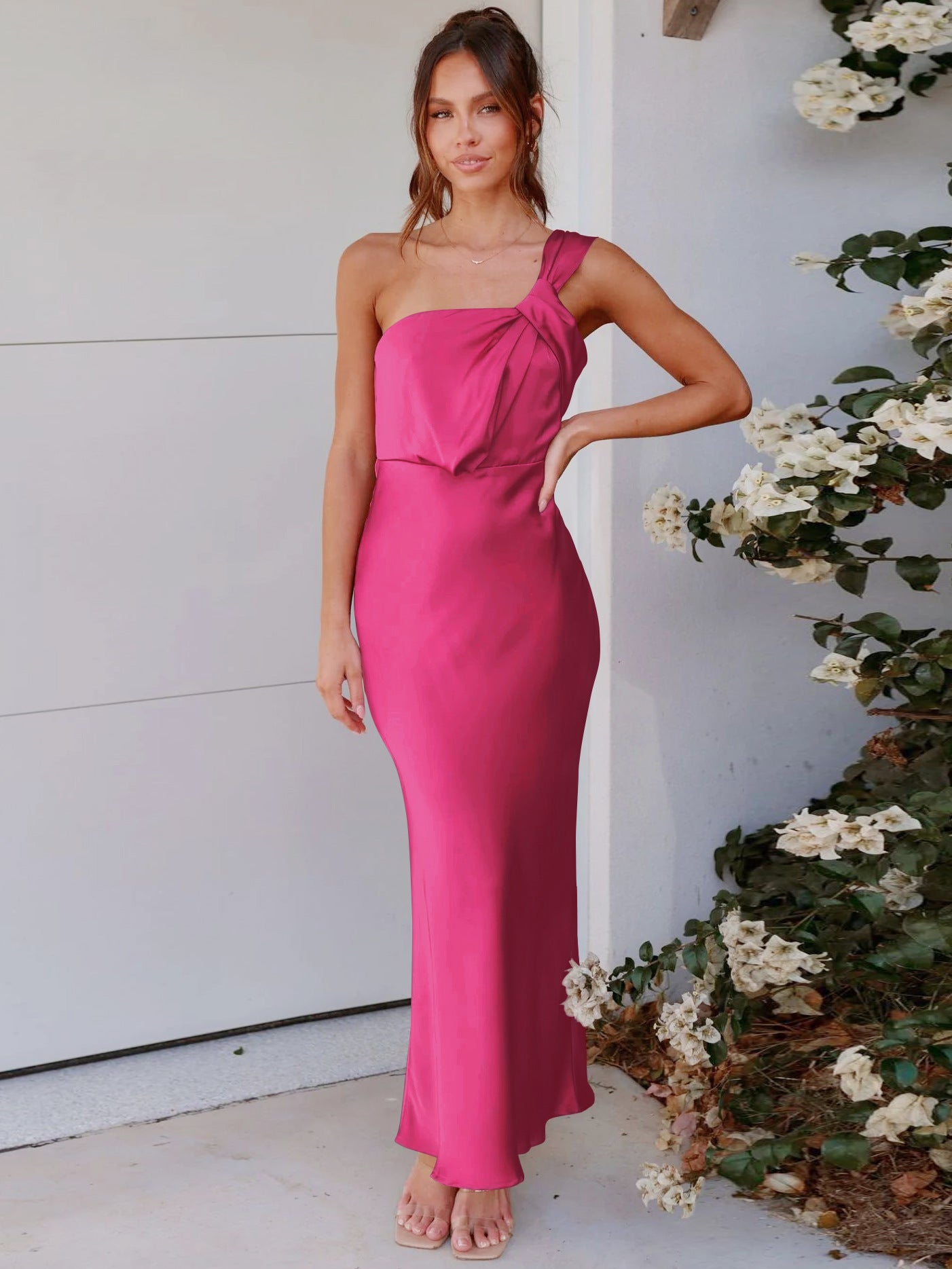 New Acetic Women's Elegant One-Shoulder Satin Toasting Dress Bridesmaid Dress Slim Dress