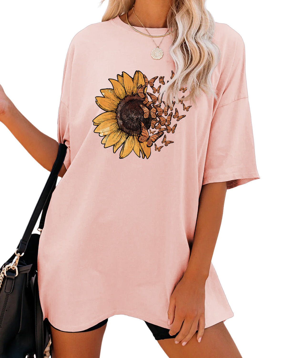 Casual Sunflower Print Loose T-Shirt Women's Round Neck Fashion Short Sleeve Shirt