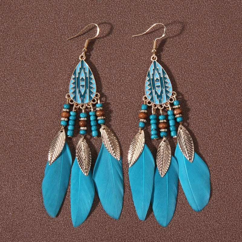 Water Drop Fringe Feather Earrings Women's Long Boho Rice Beads Ears Ethnic Wind Travel Holiday Accessories