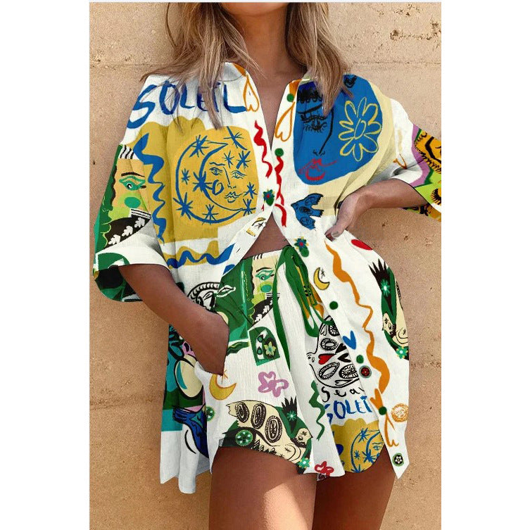 Spring And Summer New Short-Sleeved Shirt Casual Set Loose Vacation Pocket Two-Piece Set For Women