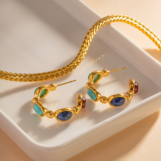 5pcs 18K Gold-Plated Stainless Steel Inlaid Natural Stone C-Shaped Stainless Steel Earrings Fashion All-Match Earrings