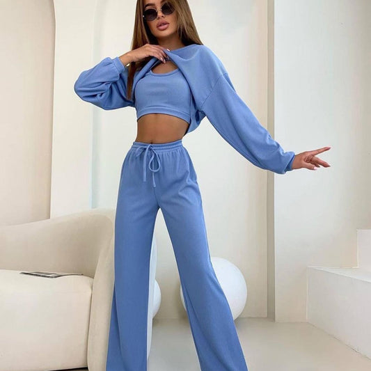 New Fashion Round Neck Short Long Sleeve Short Top Trouser Suit Three-Piece Set