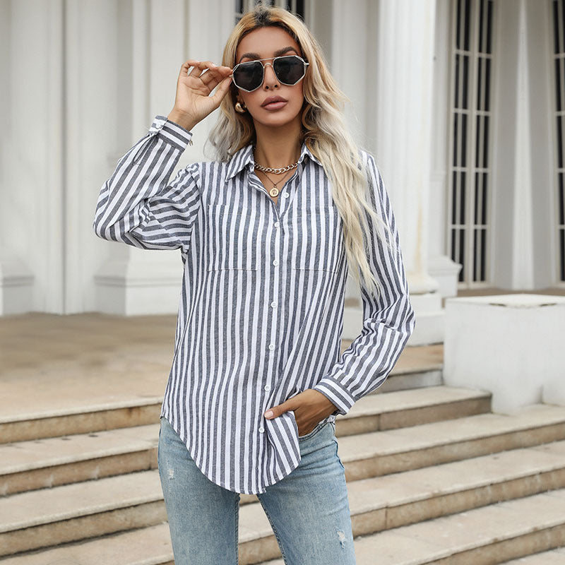 Autumn New Button Cardigan Striped Shirt Lapel Shirt Long Sleeve Commuter Shirt Woman