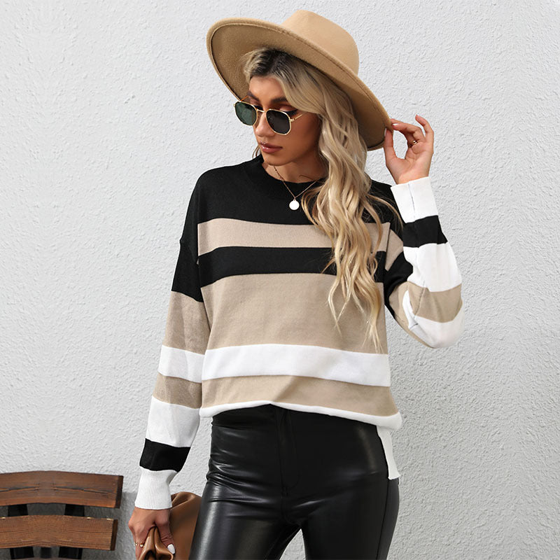 Striped Elegance for Autumn & Winter: Women's Long-Sleeved Fashion Sweater