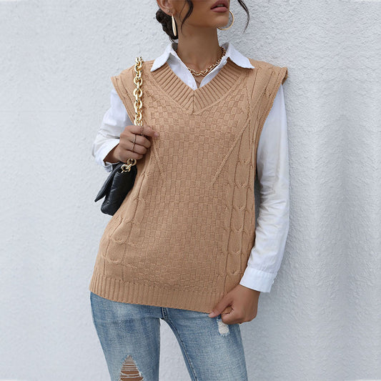 Early Autumn New Fashion Knitting Solid Color Twist Sweater Vest Woman