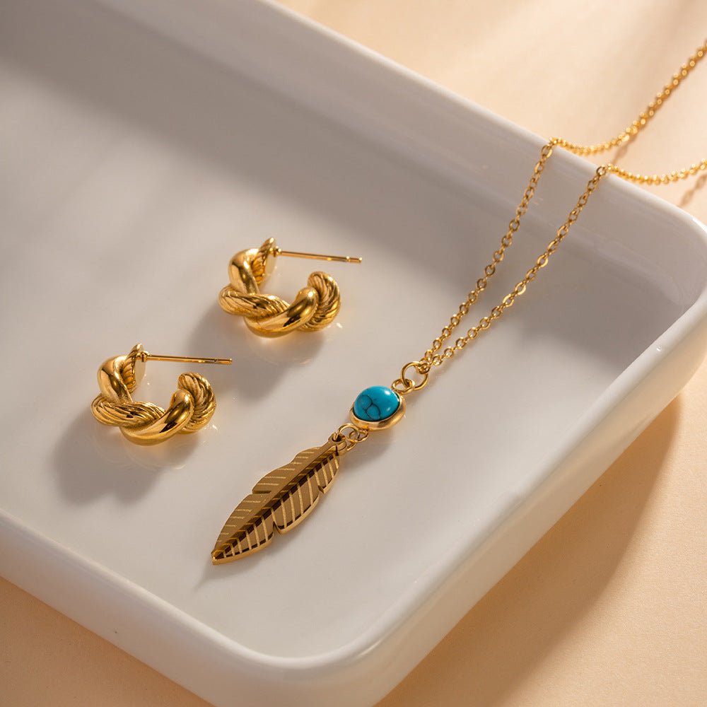 5pcs Stainless Steel Feather Inlaid Turquoise Stainless Steel Pendant Necklace Everything Accessories