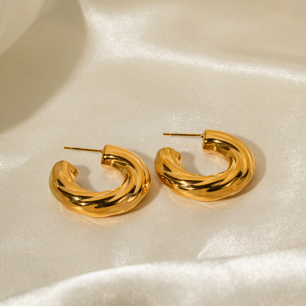 5pcs New Geometric Titanium Steel Earrings 18K Gold Plated Stainless Steel Bevel Ribbed C-Shaped Earrings For Women