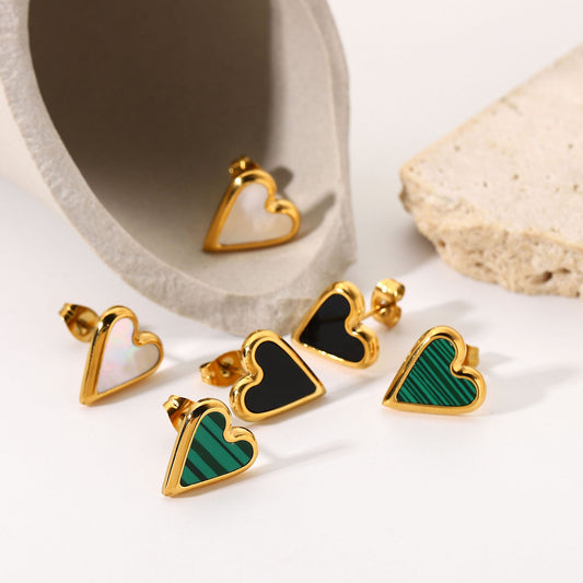 5pcs Natural Stone White Shell Green Peacock Stone Black Shell Love Earrings Fashion Stainless Steel Heart-Shaped Earrings For Women