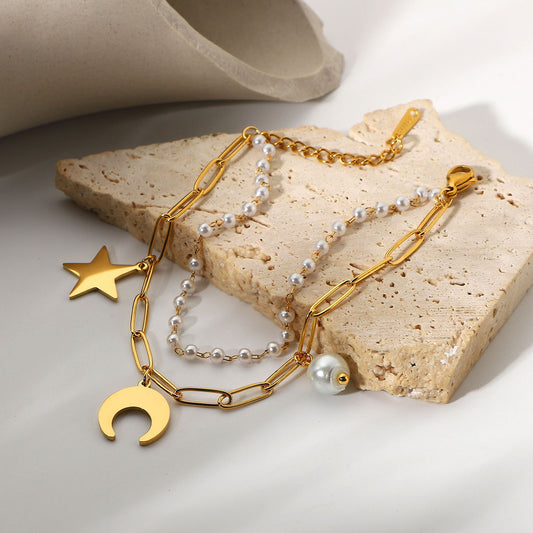 5pcs Titanium Steel Metal Bracelet 18K Gold Plated Stainless Steel Star Moon Pearl Pendant Double Bracelet For Women