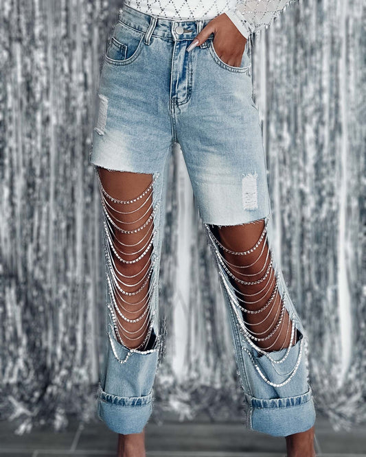 Early Spring Ripped Jeans Women's Chain Hanging Straight-Leg Pants