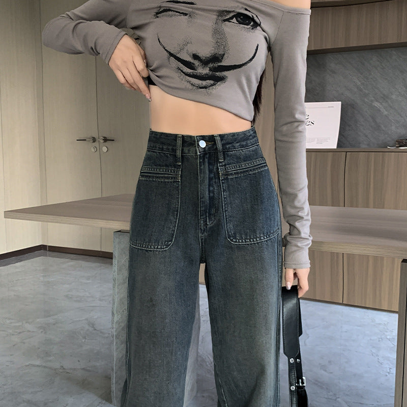 Jeans Women Spring And Autumn High-Waisted Trousers Small Cement Grey Slimming Slimming Narrow Version Straight Leg Wide Pants Lengthened