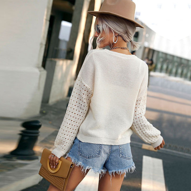 New Autumn And Winter Fashion Thin Hollow Long-Sleeved White Sweater Sweater