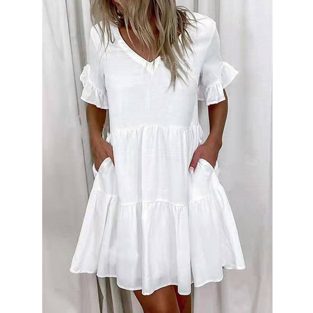 Women's Dress New Skirt Fashion Print Ruffled Pocket Short Female Dress A Hair