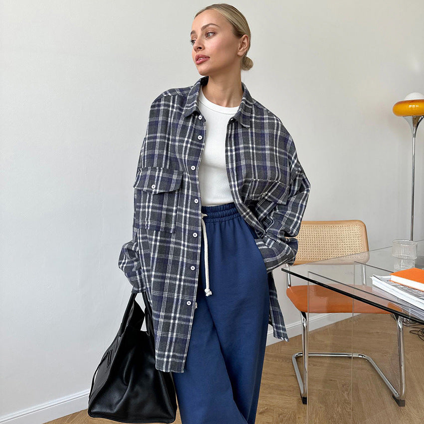 Spring Classic Oversize Lapel Plaid Women's Shirt New Fashion Top For Women