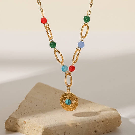 5pcs 18K Gold Stainless Steel Disc Set Turquoise Pendant Necklace Women's Fashion All-Match Titanium Steel Colored Bead Necklace