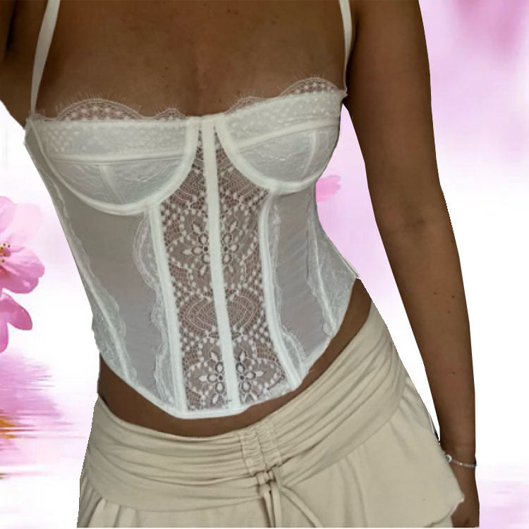 New Lace Embroidery Fishbone Nylon Sexy Chest Halter Hollowed Out Backless Corset Women