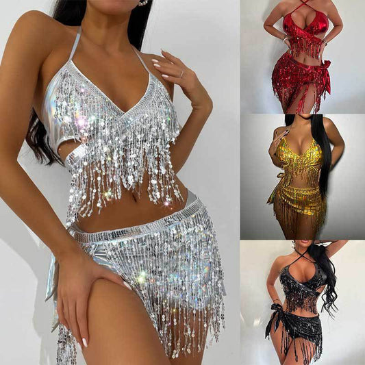 New Two-Piece Swimsuit Three-Piece Women's Glitter Cloth Sexy Fringe Bikini