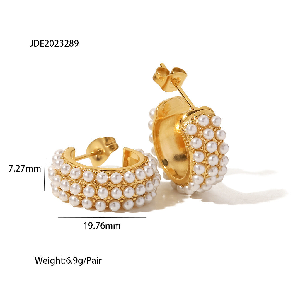 5pcs New Titanium Steel Earrings 18K Gold-Plated Stainless Steel C Shape Inlaid With White Pearl Women's Fashion All-Match Earrings