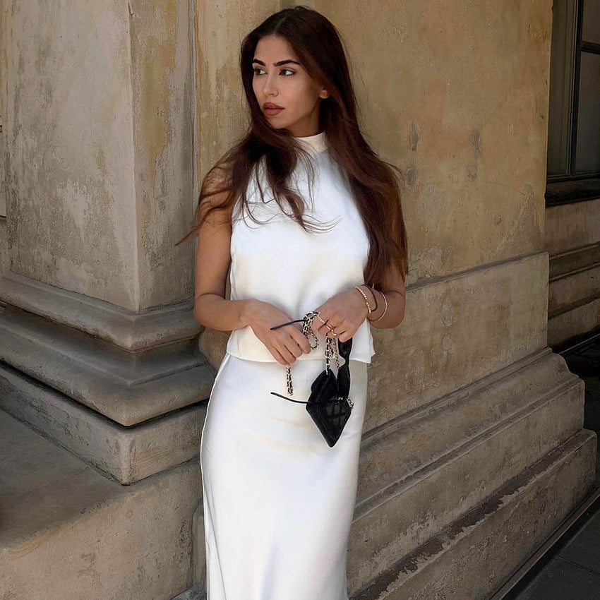 New Model Acetate Tint White Sleeveless Halter Waistcoat Fishtail Skirt Set Summer Fashion