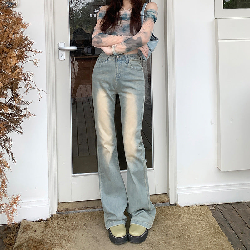 Retro Spice Micro-Cut Jeans For Women Autumn New High-Waisted Slimming All With Horseshoe Bell Bottoms