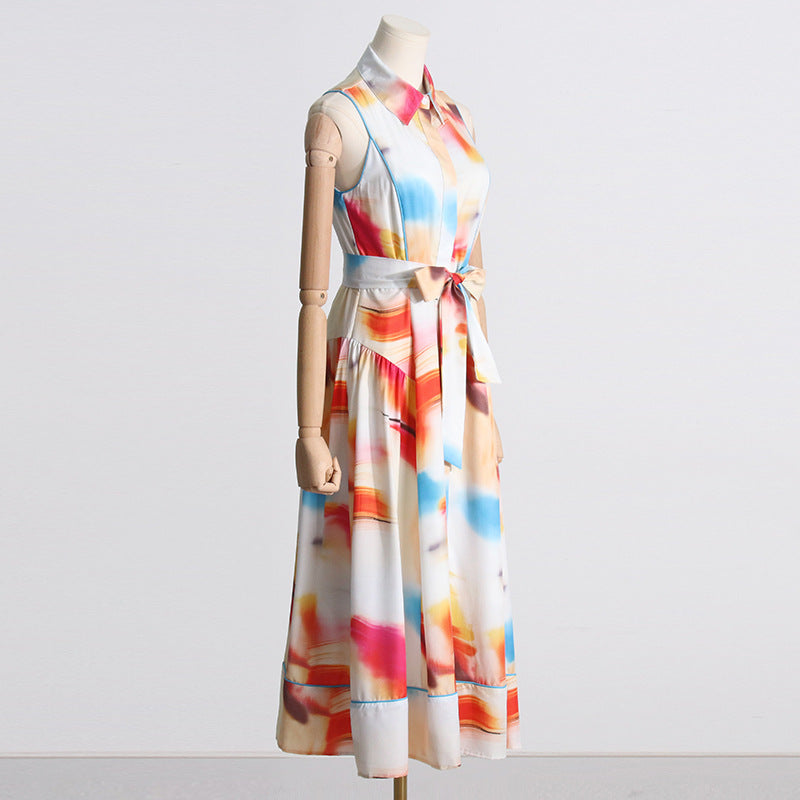 Spring New Fashion Lapel Small Print Temperament Lace-Up Waist Long Dress Women